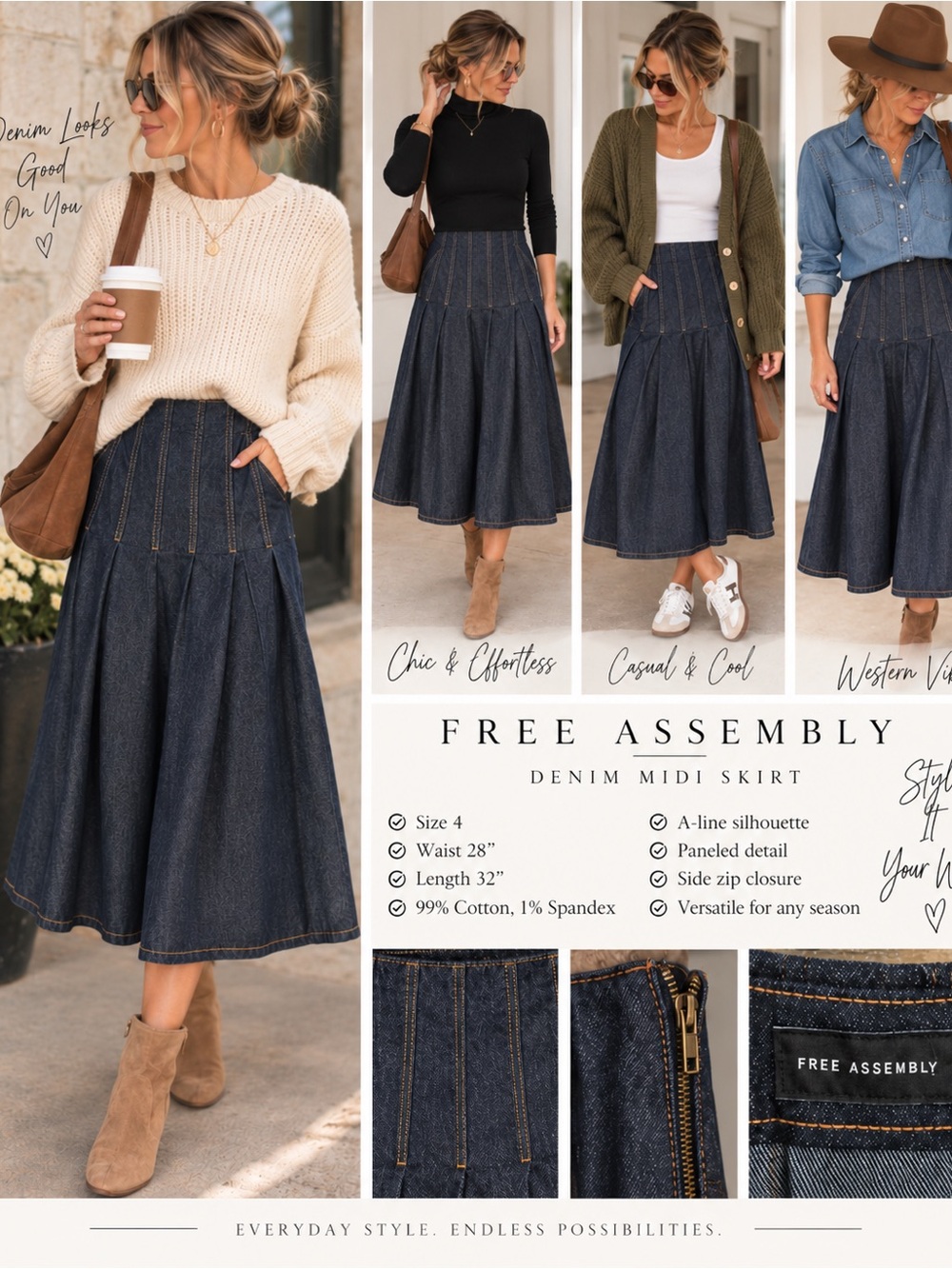 Free Assembly Dark Blue Denim Midi Skirt - A-Line Paneled Style